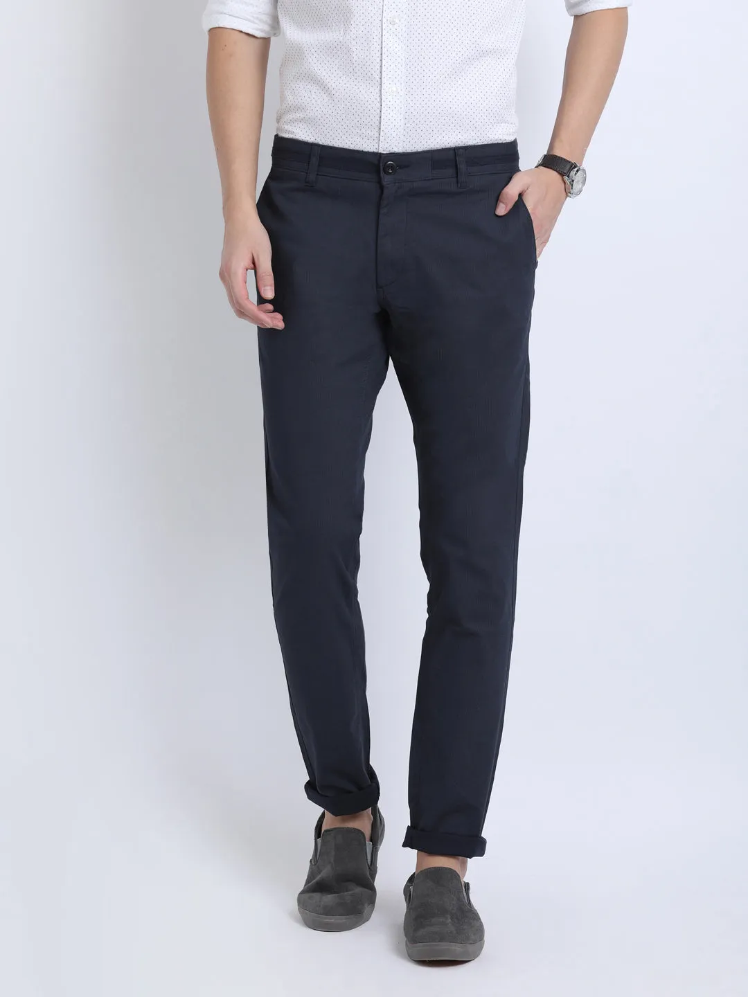 JDC Men Navy Blue Solid Trouser