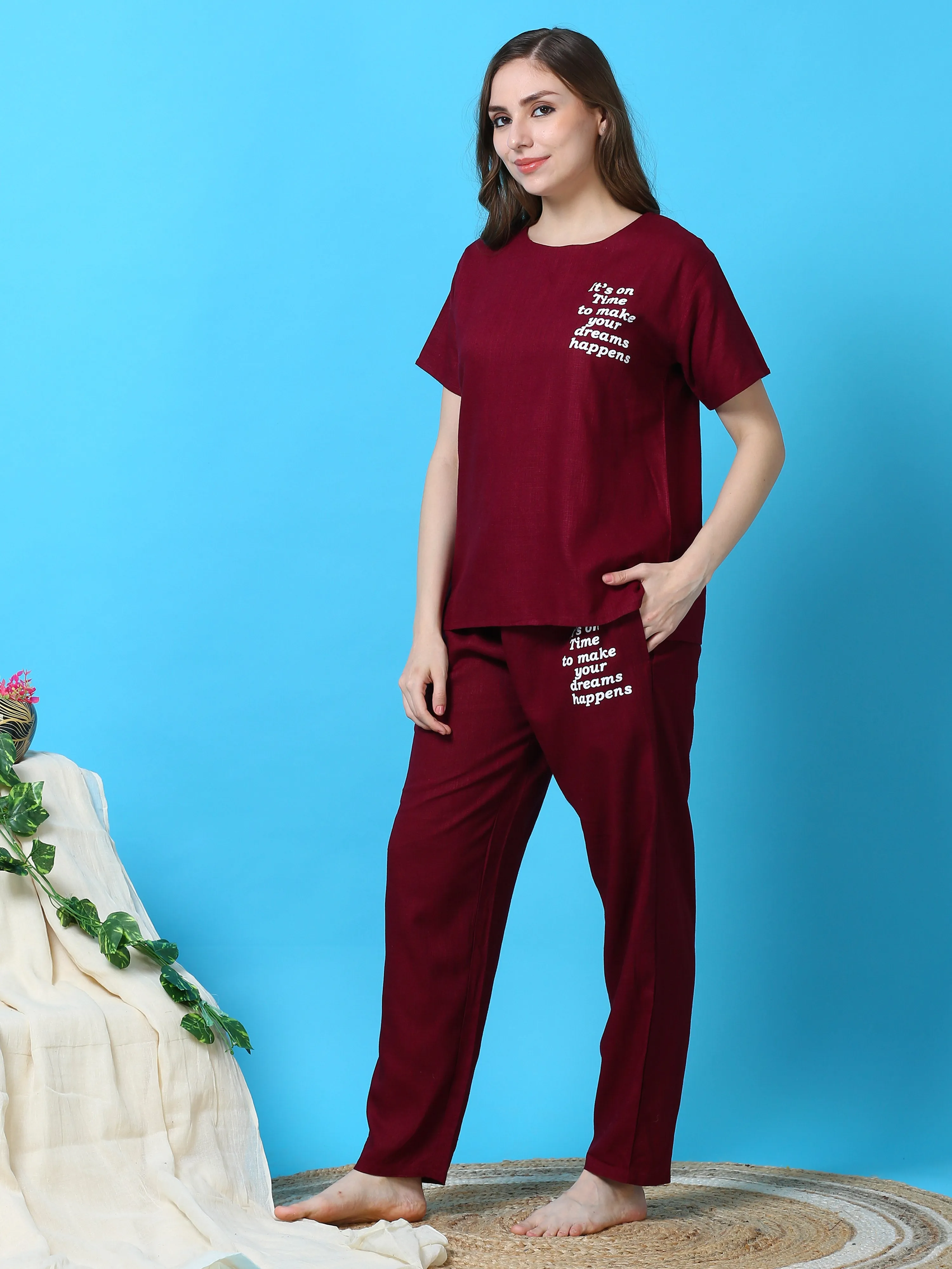 Linen Round Neck Co-ord Sets Maroon