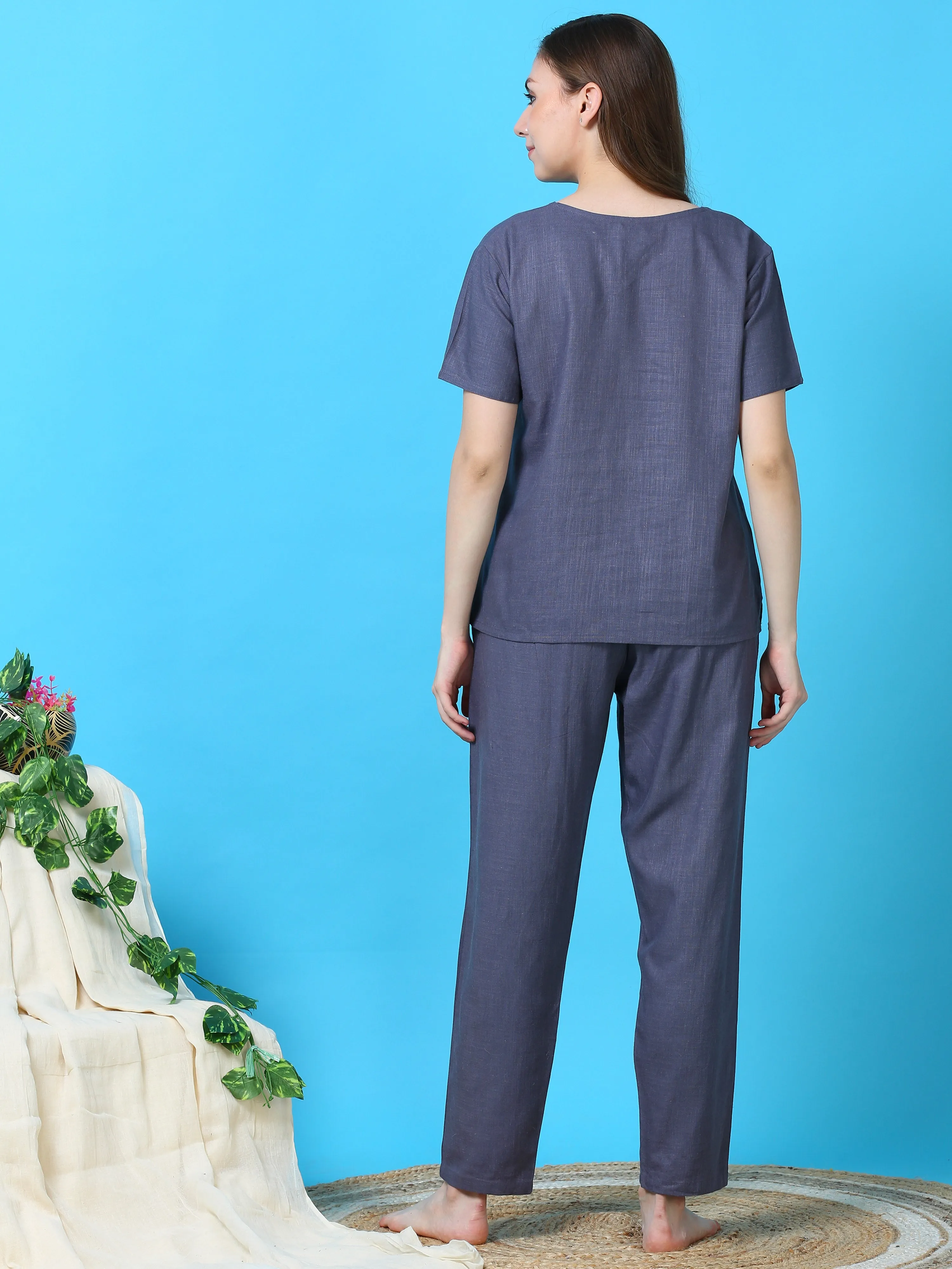 Linen Round Neck Co-ord Sets Steel Blue