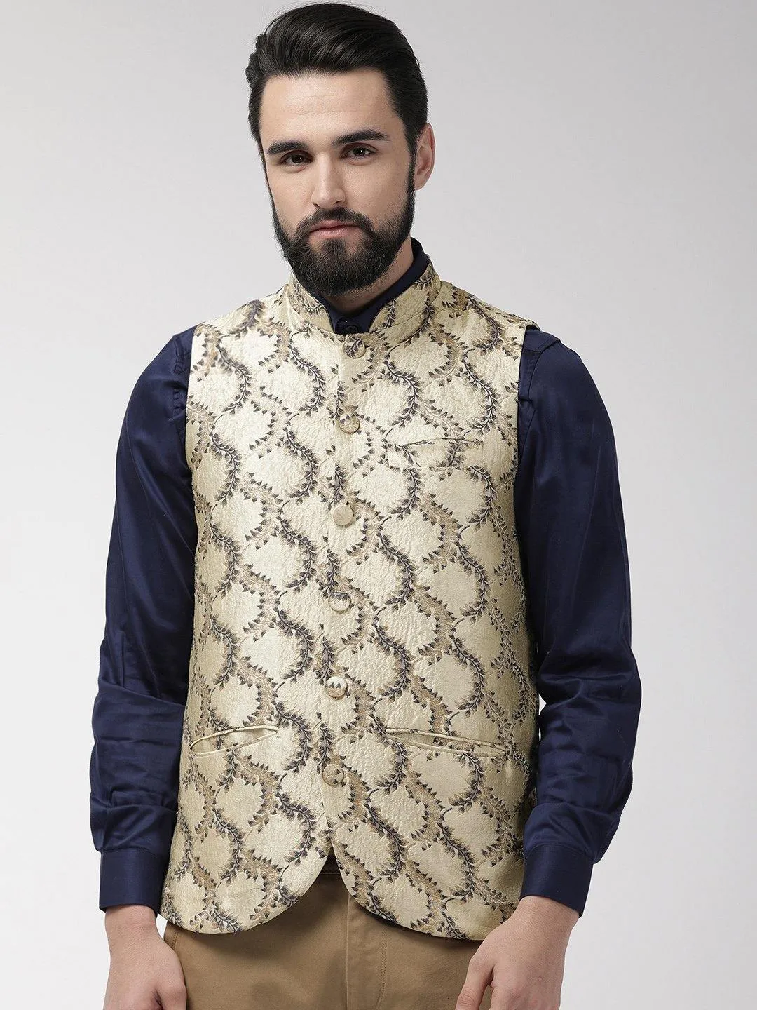 Men Beige and Navy Blue Woven Design Nehru Jacket