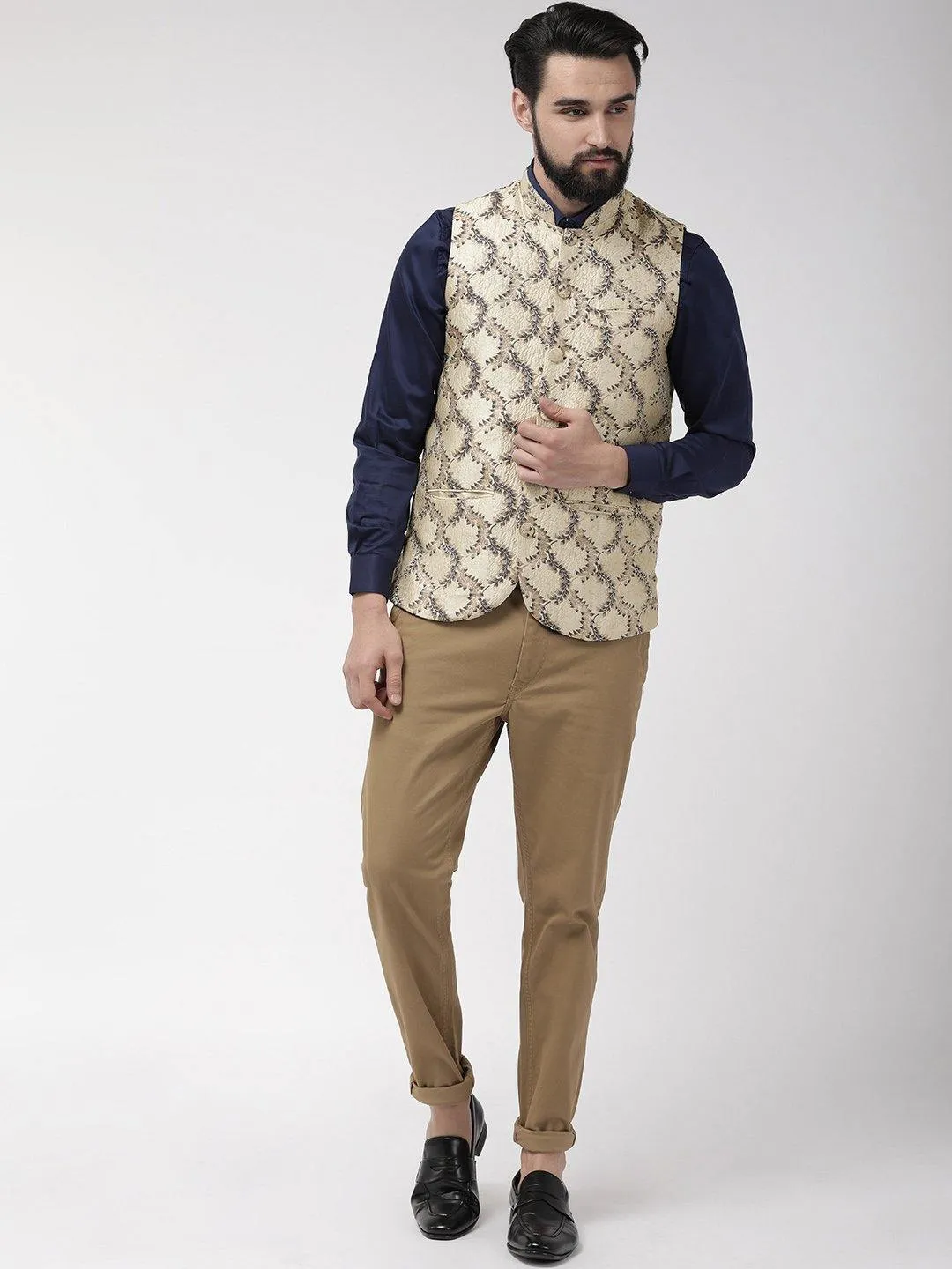 Men Beige and Navy Blue Woven Design Nehru Jacket