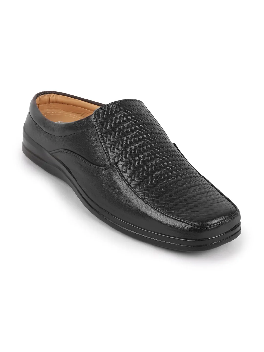 Men Black Casual Leather Slip On Hand Knitted Shoe Style Sandals