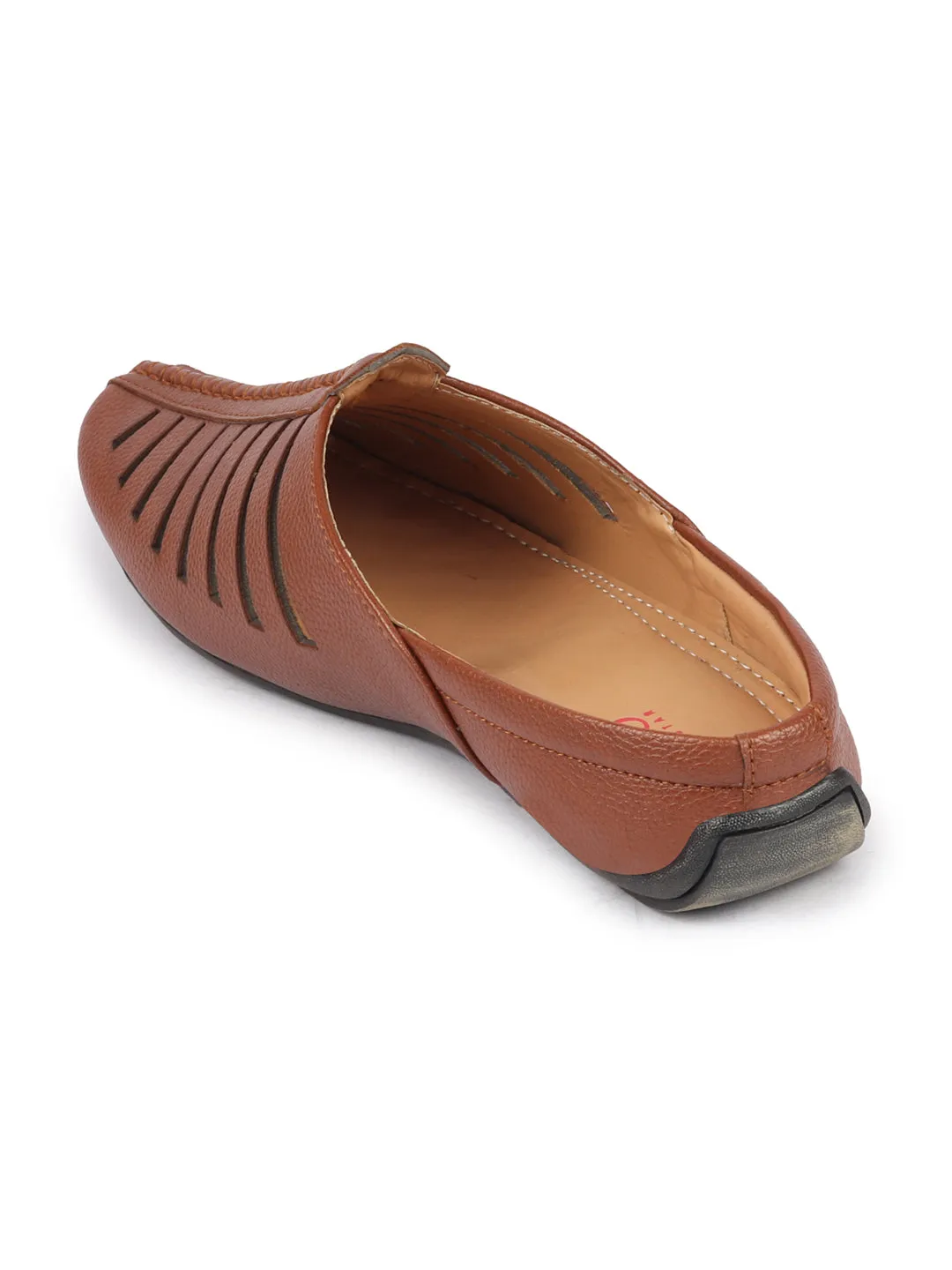 Men Tan Laser Cut Design Back Open Evening Party Ethnic Mules Slip On Shoes