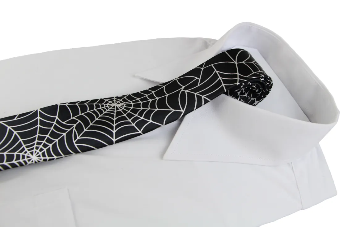 Mens Black & White Large Spider Web 5cm Skinny Neck Tie