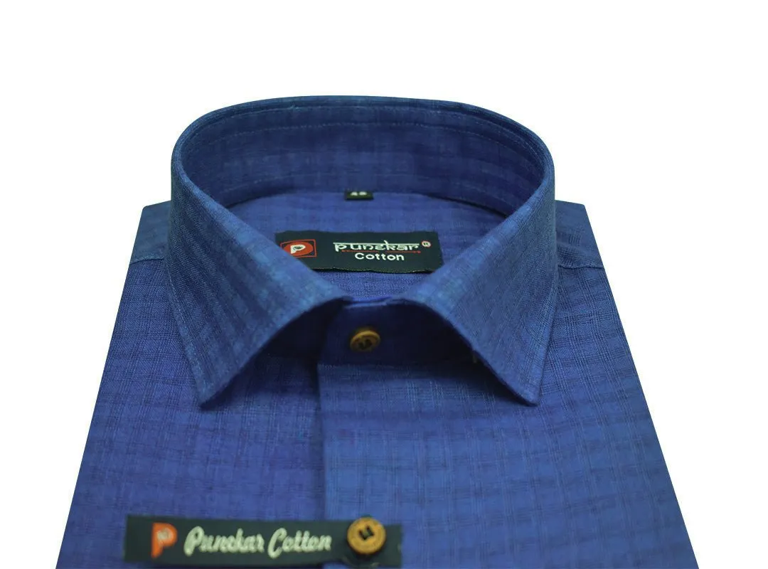 Navy Blue Color Cotton Self Woven Checks Handmade Shirts For Men's