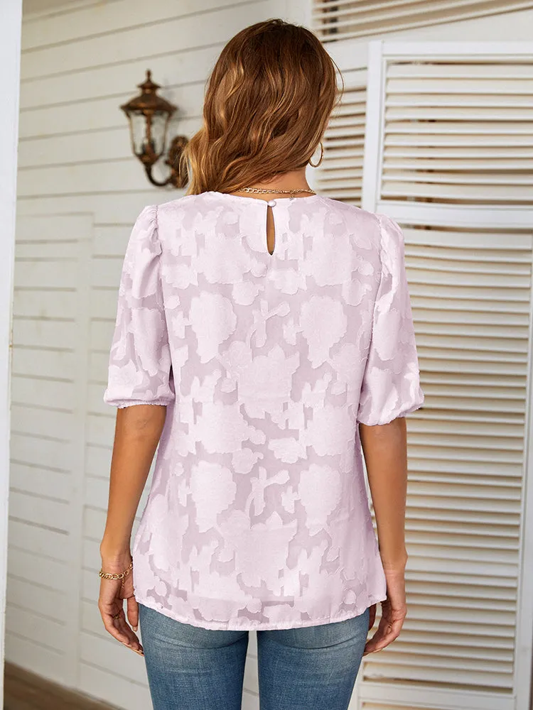 Short Sleeve O Neck Blouse Top - Pink Purple