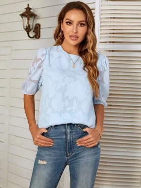 Short Sleeve O Neck Blouse Top - Sky Blue