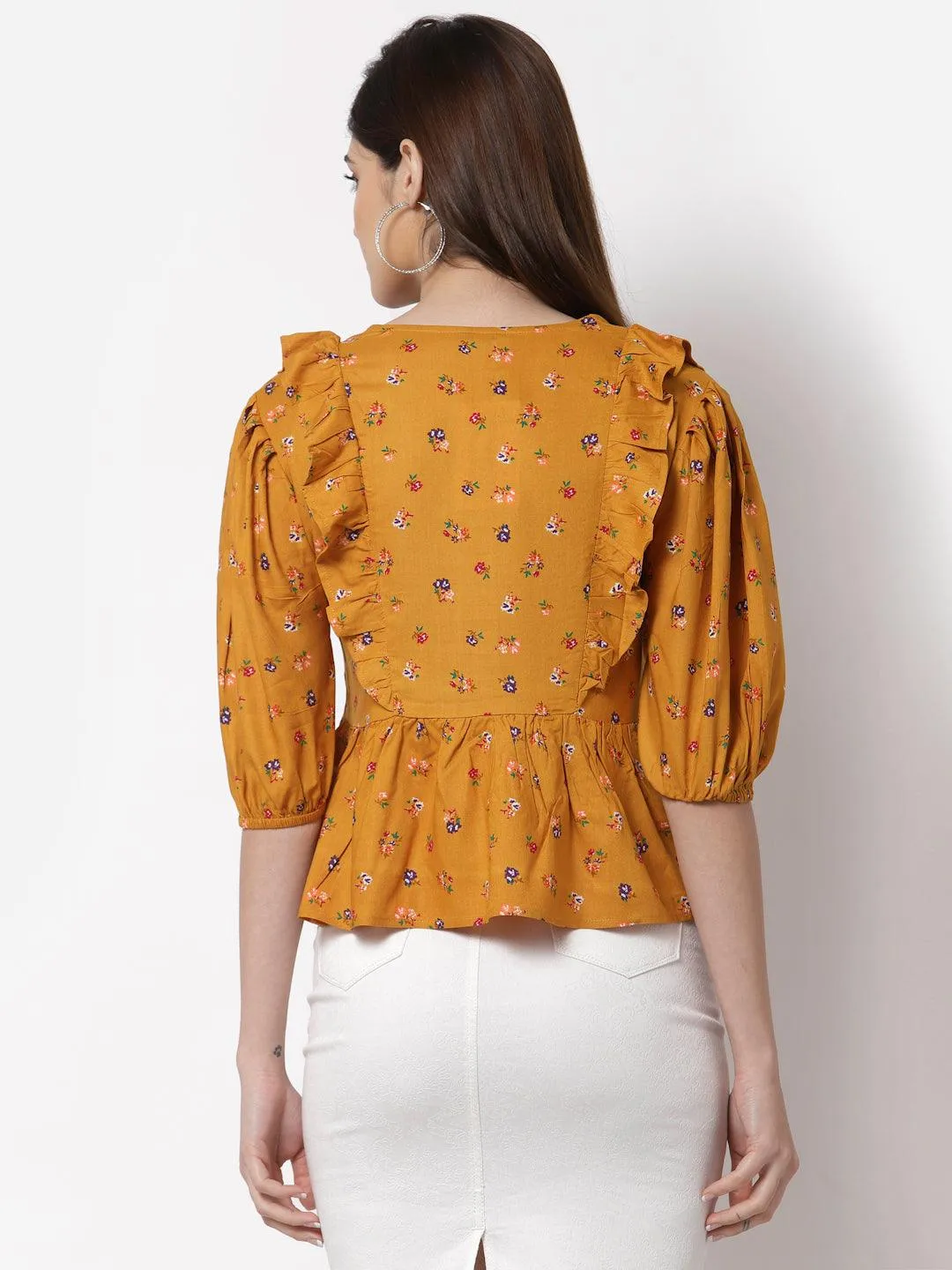 Style Quotient Mustard Yellow Floral Print Peplum Top