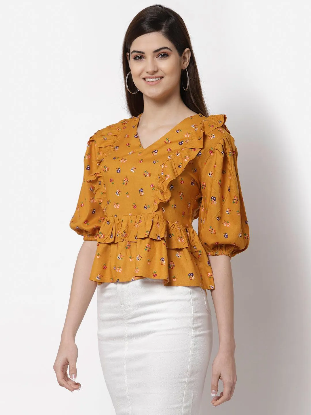 Style Quotient Mustard Yellow Floral Print Peplum Top