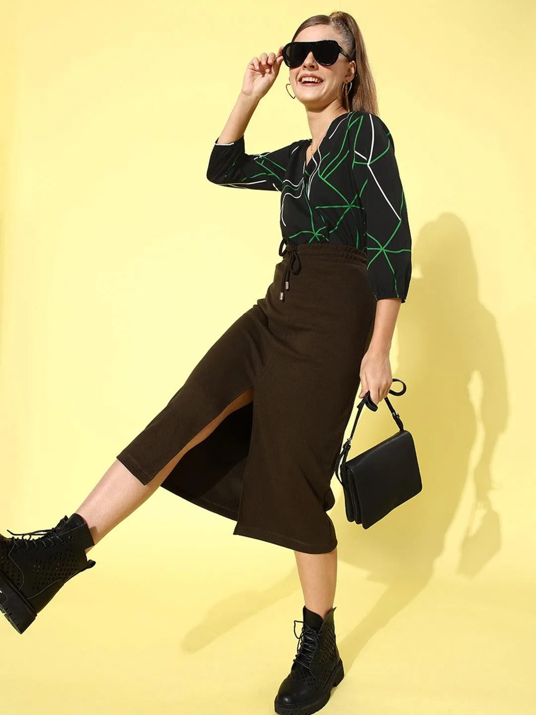 Style Quotient Women Black & Green Geometric Print Wrap Top