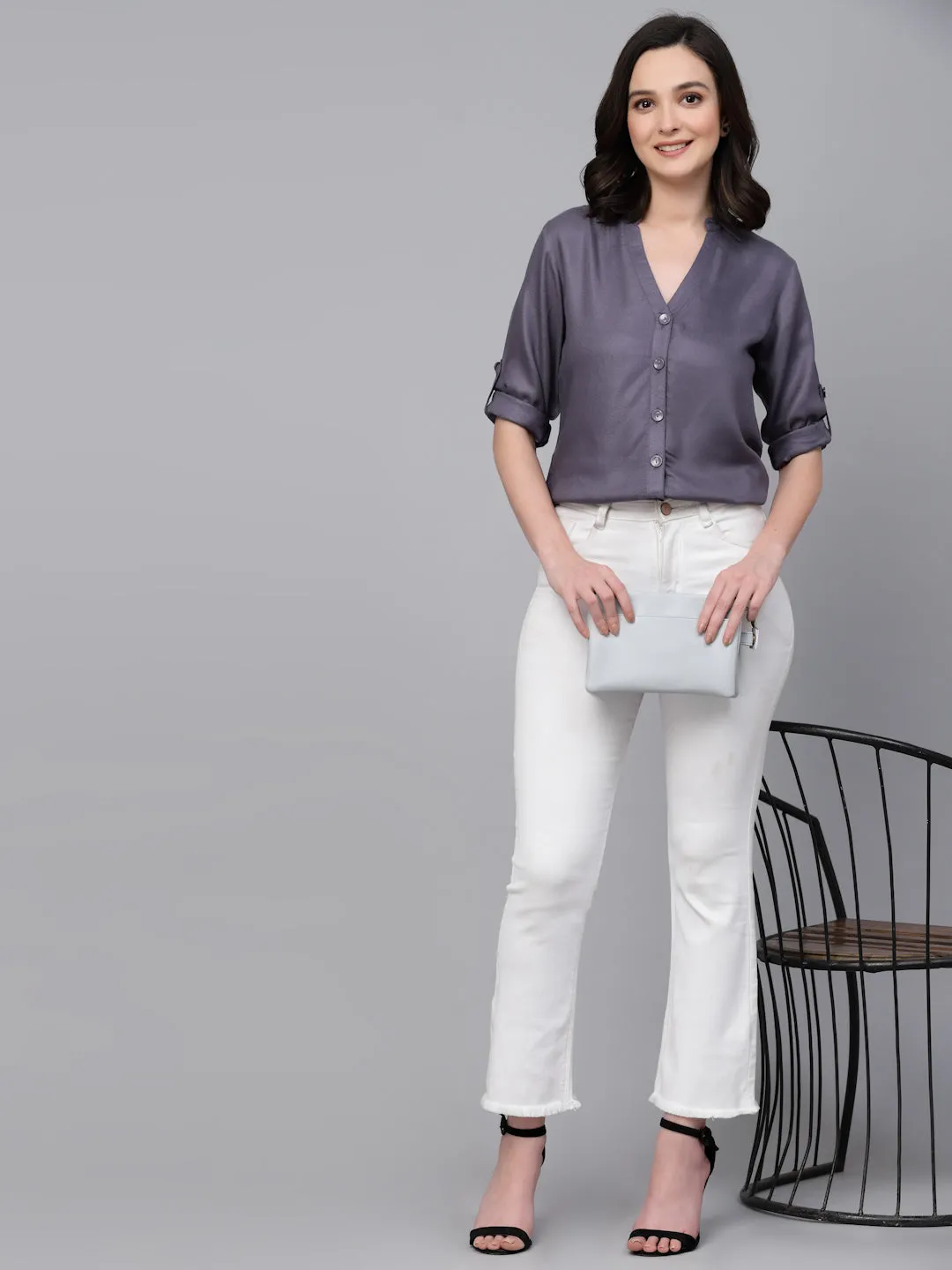 Style quotient Women Grey Solid Polycotton Smart Casual Shirt