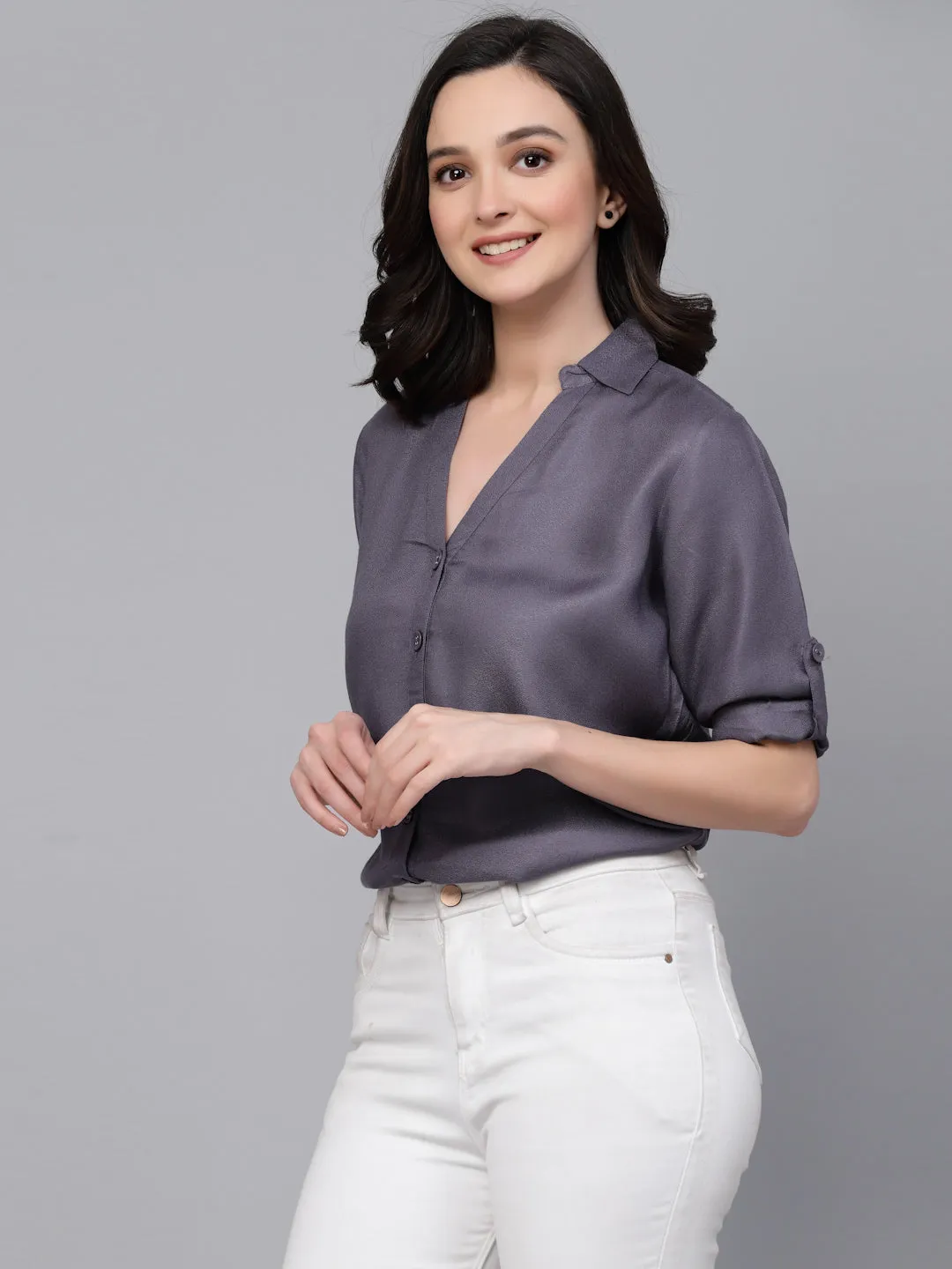 Style quotient Women Grey Solid Polycotton Smart Casual Shirt