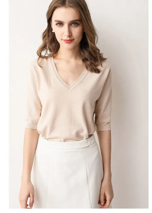 V Neck Short Sleeve Shirt Top - Beige