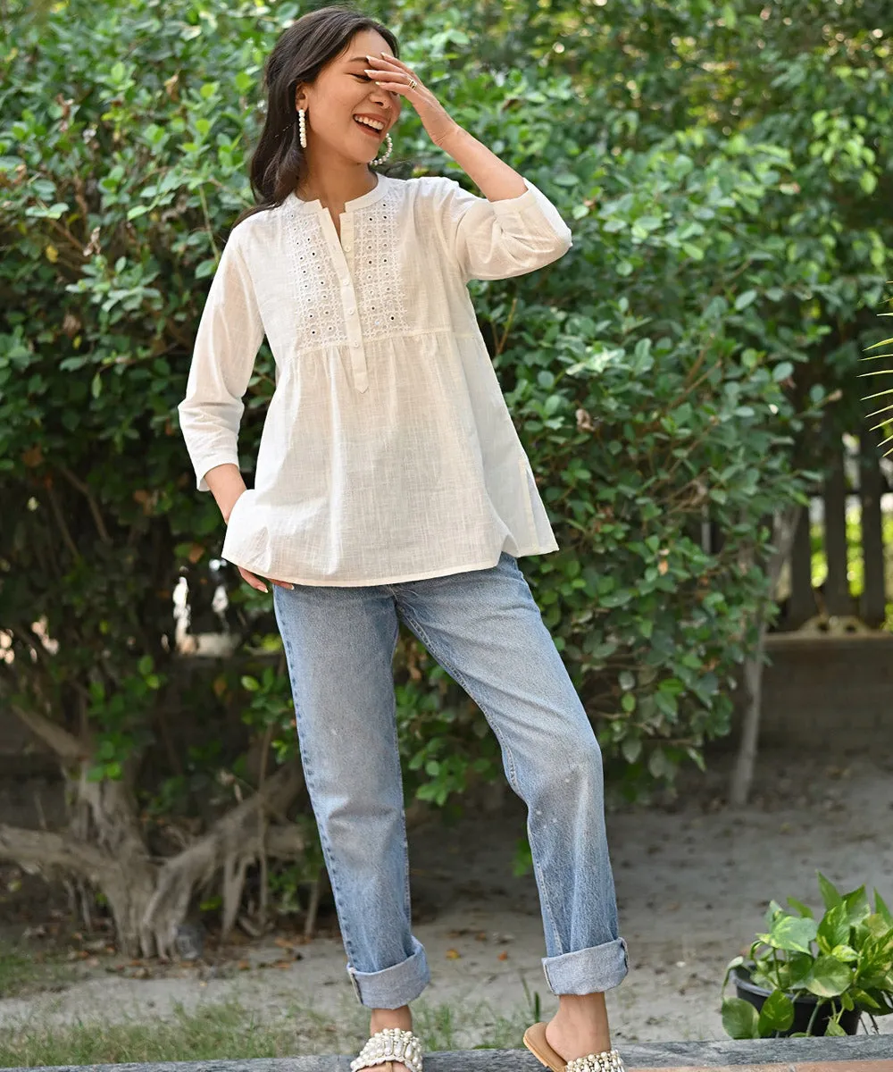 White handembroidered cotton front open top