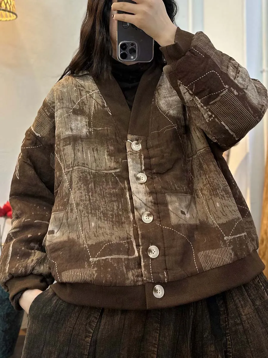 Women Plaid Print Button V-Neck Loose Jacket