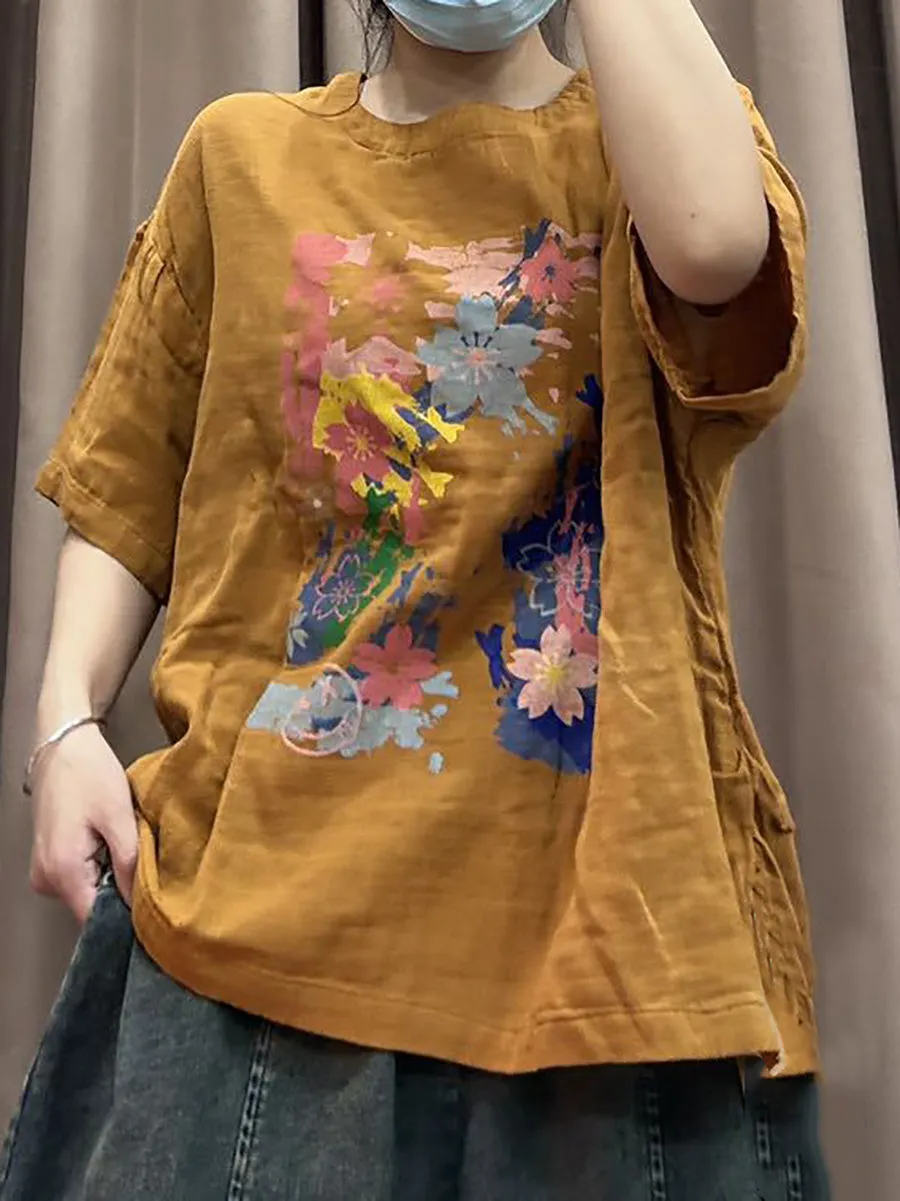 Women Spring Flower Print Vintage Cotton Loose Shirt CO1023