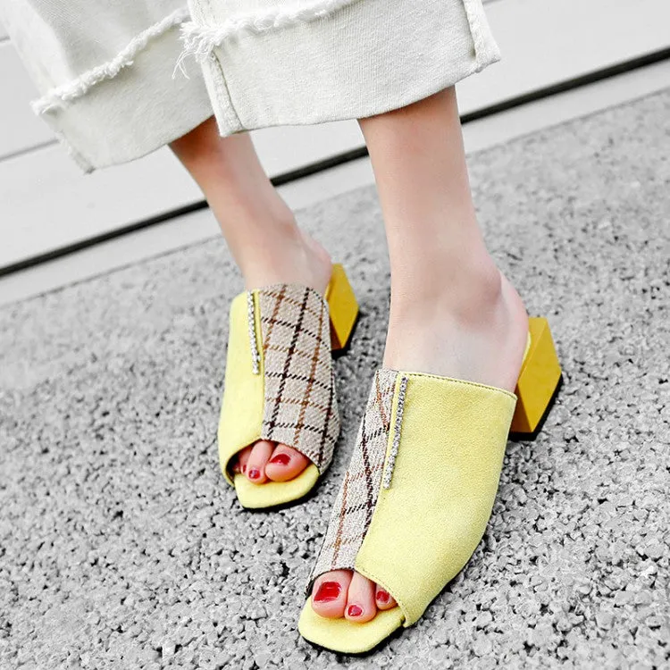 Women's Bicolor Square Toe Block Chunky Heel Slides Sandals